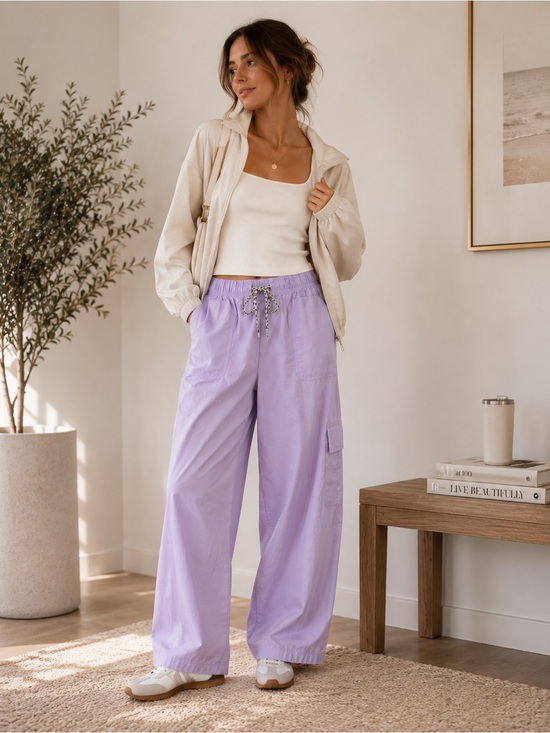 aerie Pants - Aerie Lilac Cotton Wide Leg Cargo Pants | Drawstring Waist | Size Small